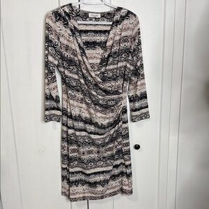 Calvin Klein Med Long Sleeve Black & Cream Dress - Animal Print - Wrap Style